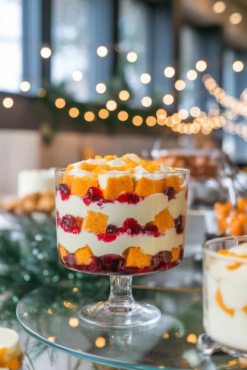 An indoor dessert buffet showing a glass trifle bowl layered with orange-zest sponge cubes, crimson cranberry compote, and vanilla custard; festive bokeh lights in background, no text or logos. Photo, not illustration.