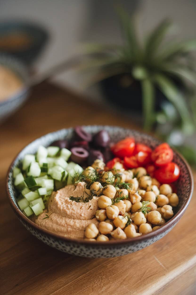 Indoor tabletop shot of a bowl layered with herbed chickpeas, chopped cucumber, cherry tomatoes, olives, and a dollop of hummus. No text or logos; photo only.