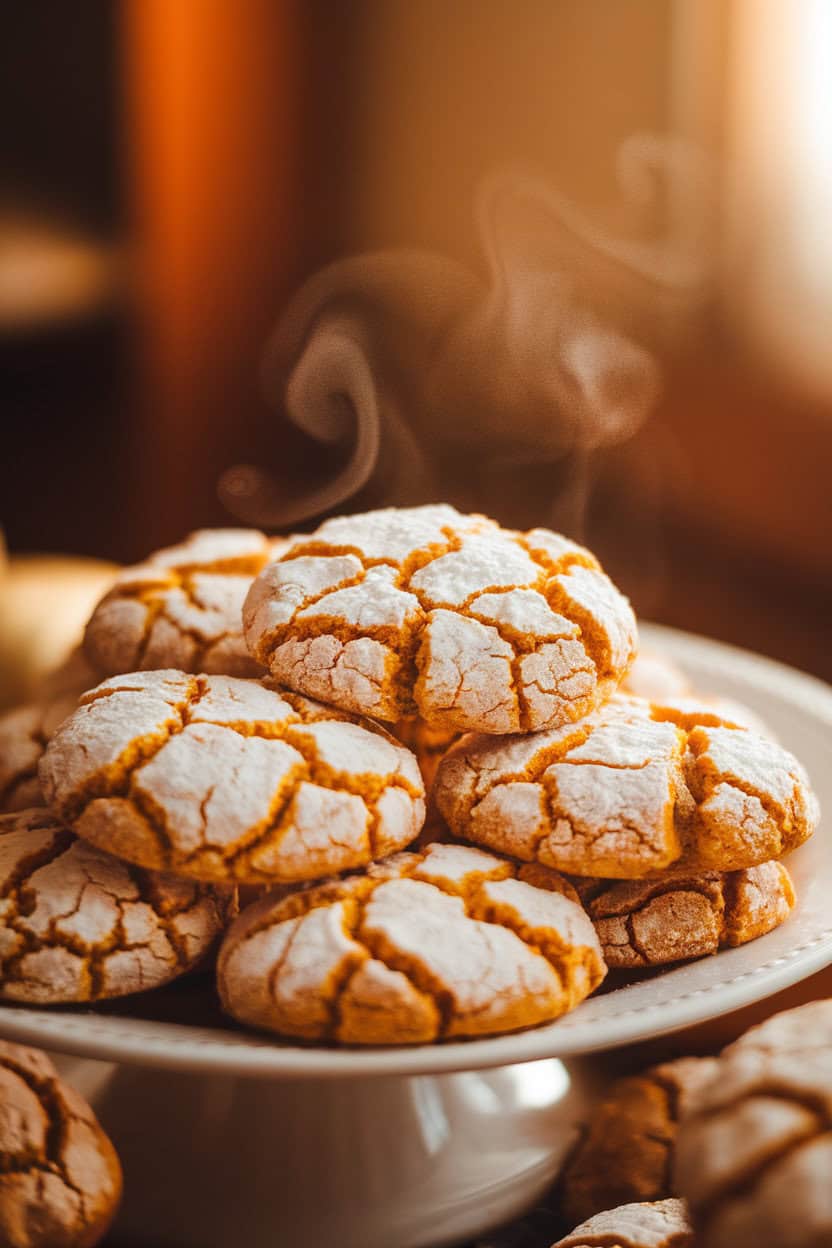 A warmly lit indoor scene showing a white plate piled with pumpkin spice crinkle cookies, their crackled powdered-sugar tops revealing orange interiors. Soft steam rises, hinting at freshness. No text or logos anywhere in the photo.