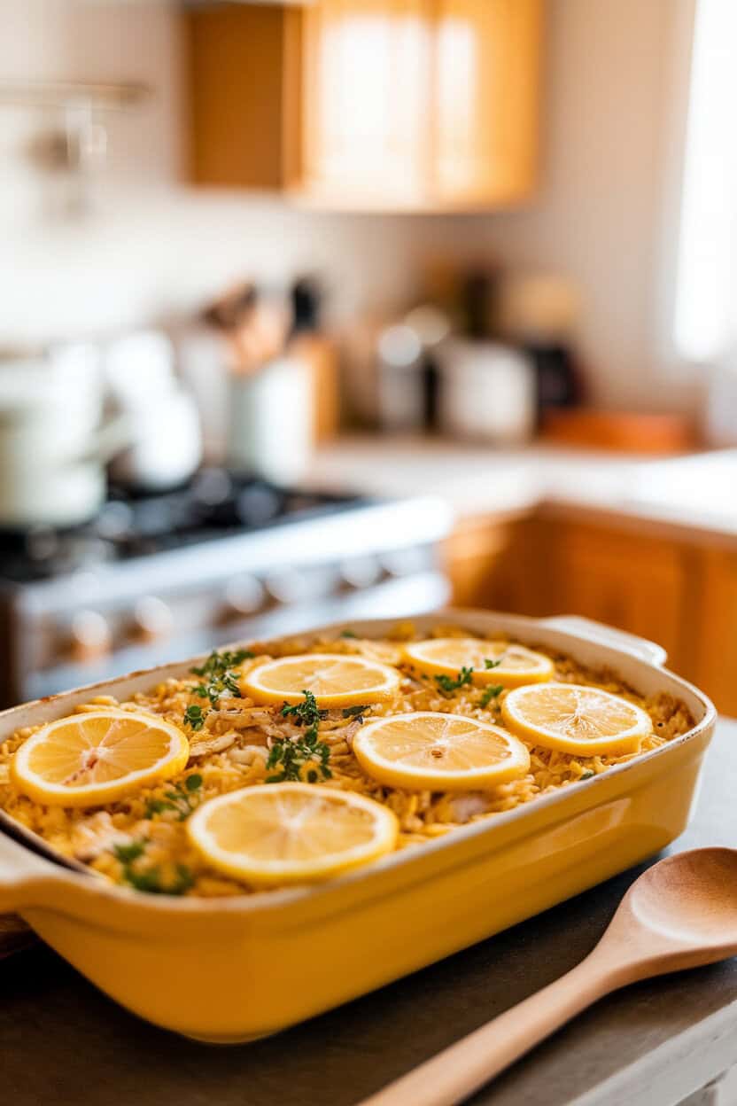 Indoor counter featuring a bright lemon orzo chicken casserole with herbs and thin lemon slices baked on top. Photo only, no text or logos.