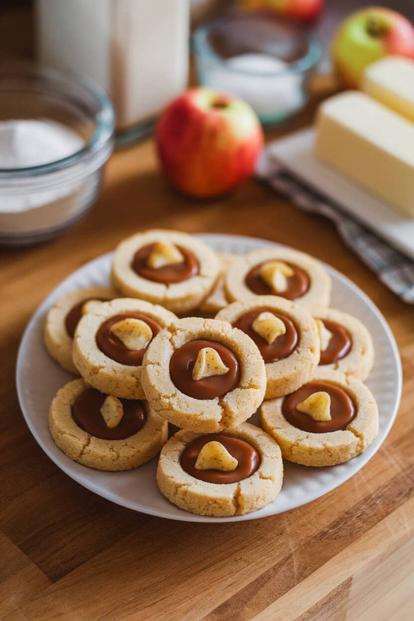 Photo prompt: Indoor countertop scene of caramel apple thumbprint cookies with tiny apple chip garnish, no text or logos.