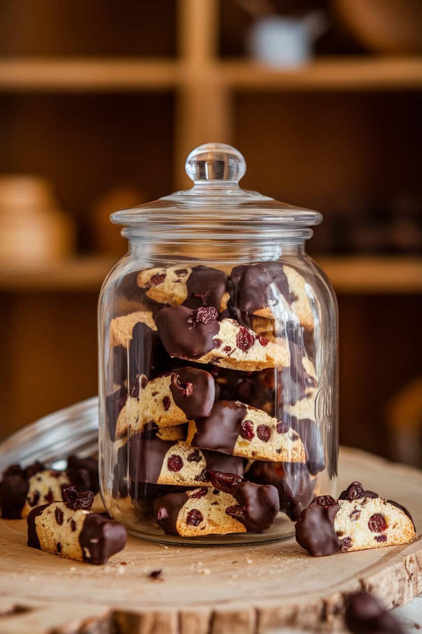 Indoor image of dark chocolate-dipped biscotti pieces studded with dried cherries, arranged in a clear jar; no logos visible.