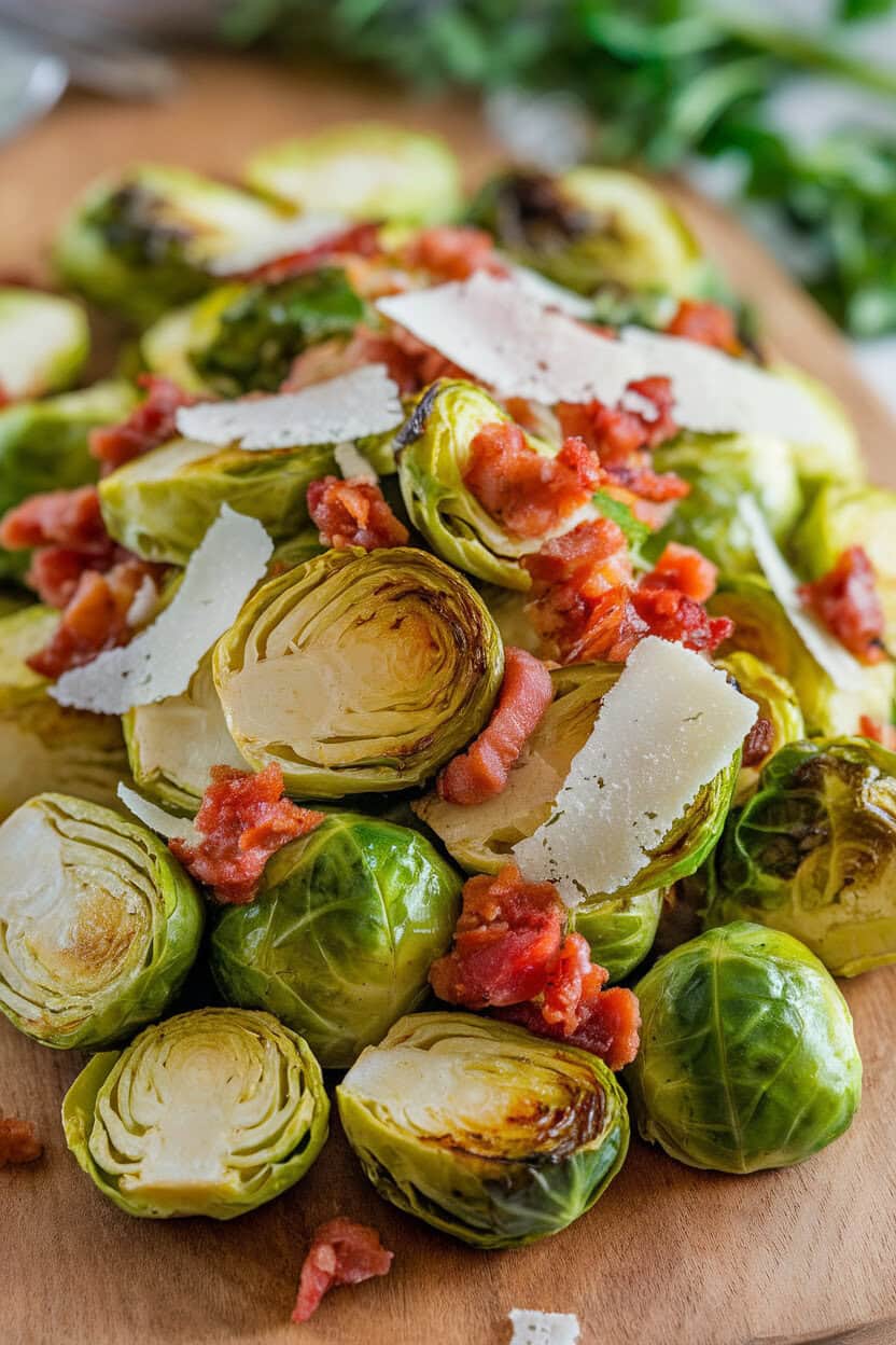 Indoor photo of halved roasted Brussels sprouts tossed with crisp pancetta and shaved Parmesan. No text or logos.
