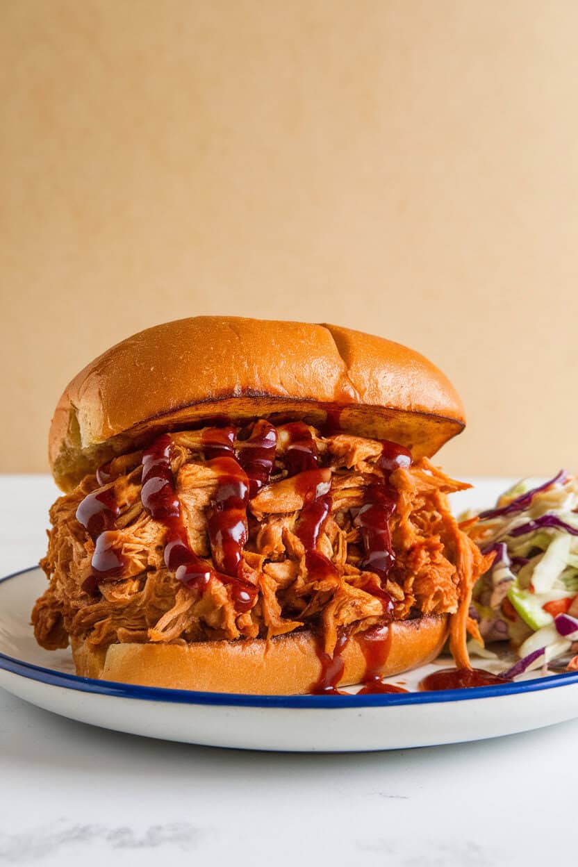 An indoor counter featuring pulled jackfruit piled on toasted buns with coleslaw, barbecue sauce glistening. No logos; photo, not illustration.