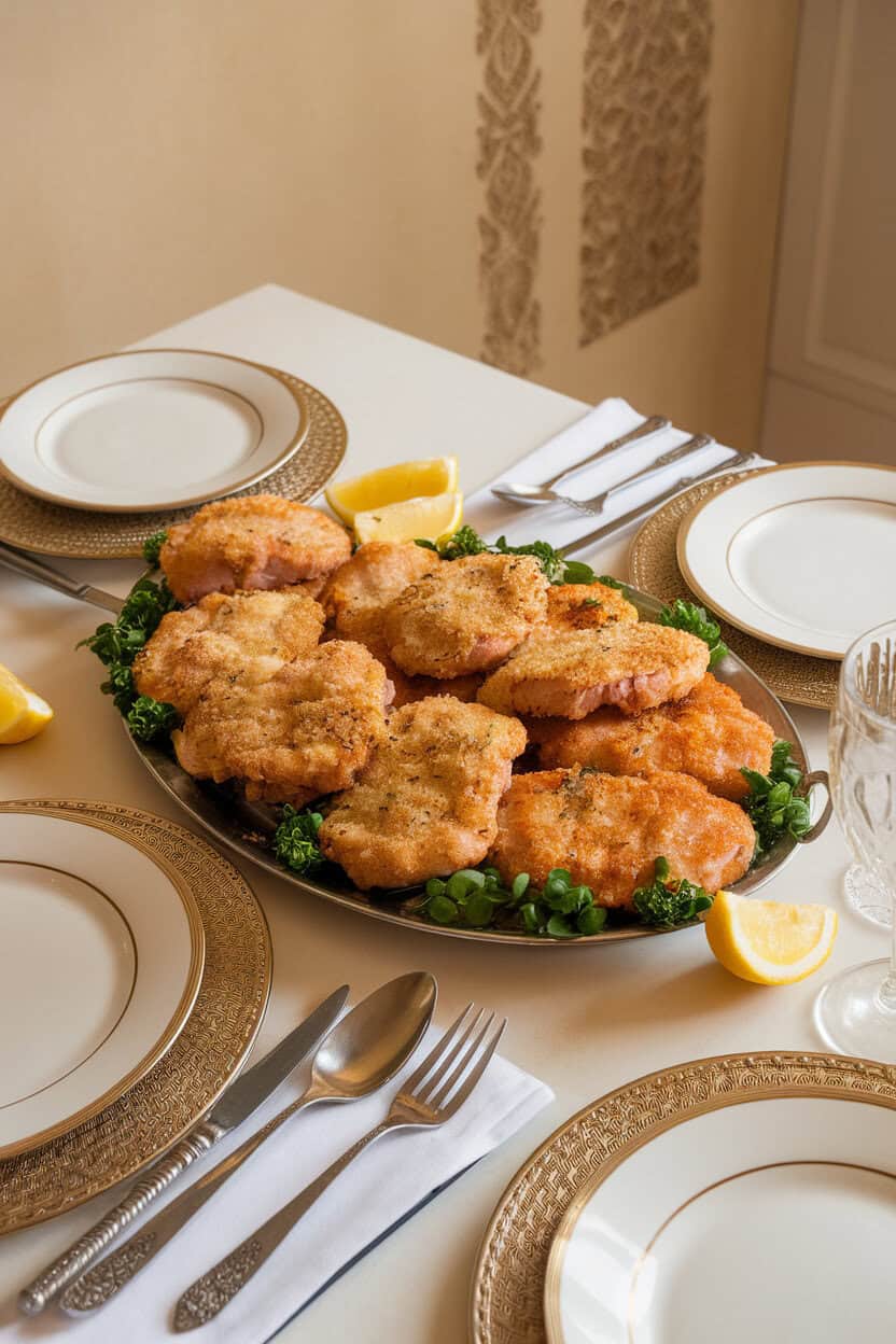 Indoor table with a platter of golden Parmesan-crusted pork cutlets, lemon wedges on the side; no text or logos.