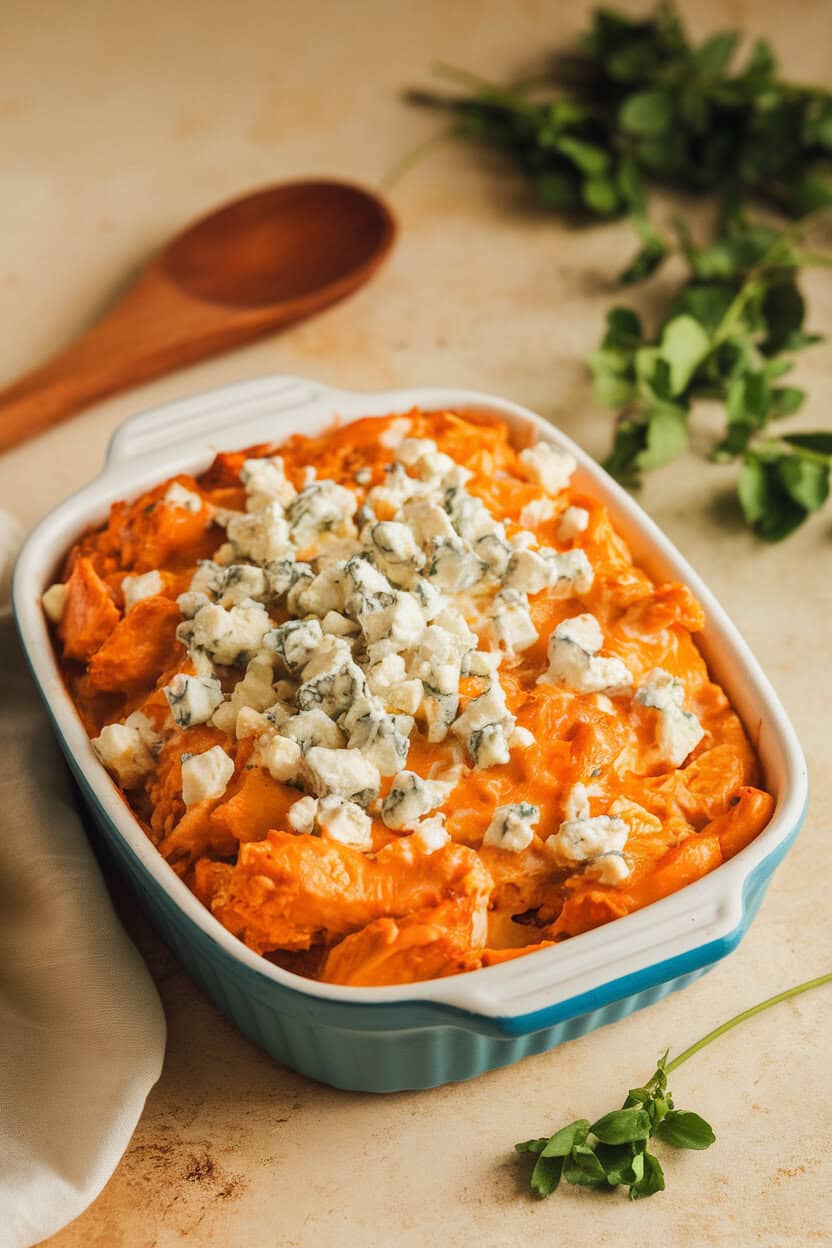 Warm indoor setting with a casserole of bright orange buffalo chicken bake, creamy blue cheese crumbles melted on top. Photo only, no text or logos.