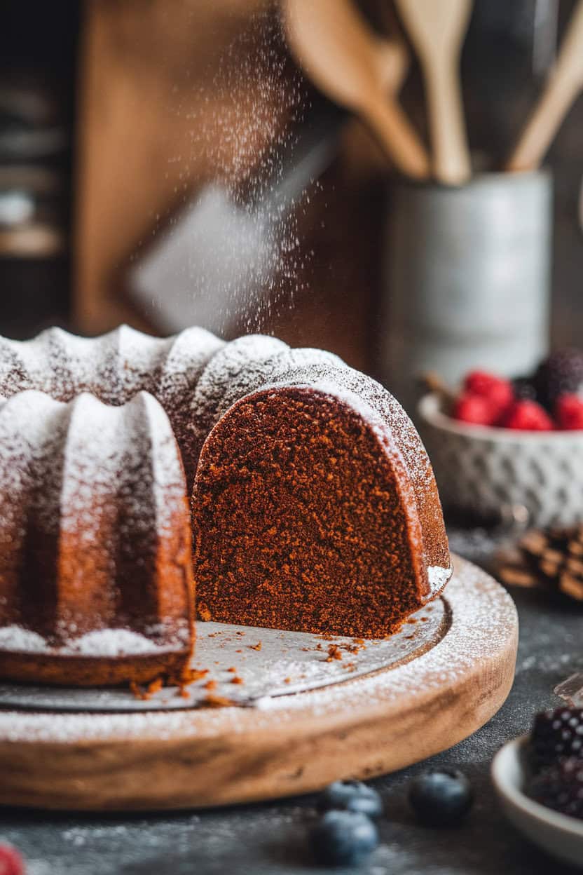 Indoor photo of a festive gingerbread Bundt dusted lightly with powdered sugar, slice showing dark spicy crumb, no text or logos