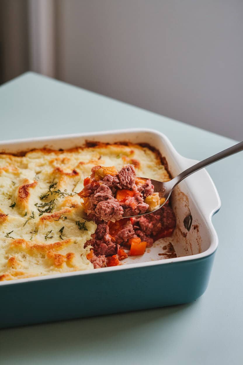 Photo of a baking dish with a spoonful removed to reveal minced lamb and vegetables beneath a golden mash topping, indoor table, no text or logos.