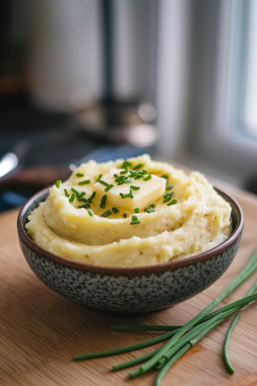 A bowl of creamy mashed potatoes topped with melted butter and chopped chives, photographed indoors, no logos present.