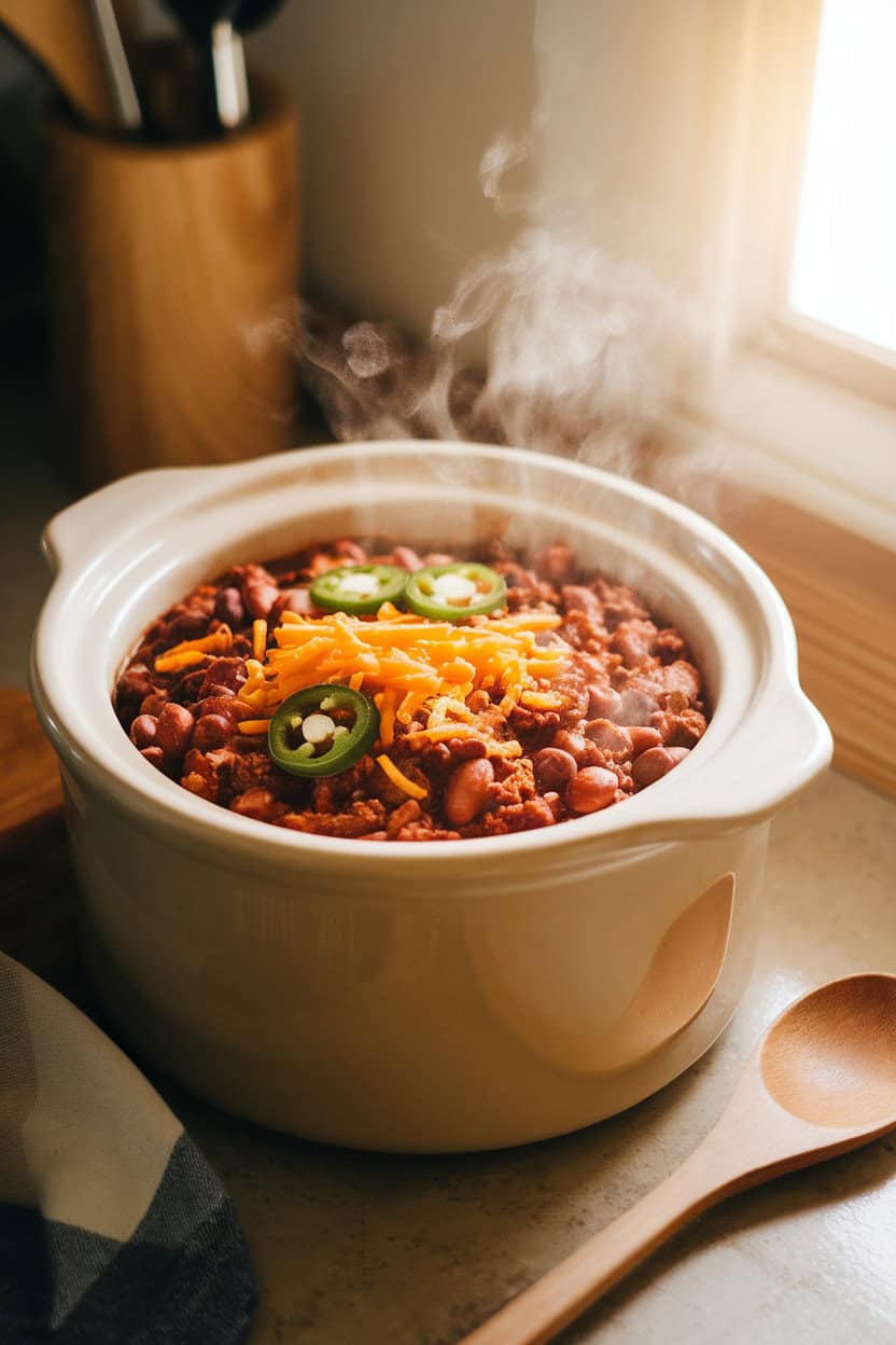 A warmly lit indoor countertop with a ceramic crock filled with steaming beef and bean chili, topped with shredded cheddar and sliced jalapeños. A ladle rests nearby. No text or logos anywhere. Photo, not an illustration.