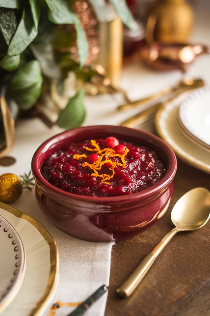 A small ceramic bowl of deep-red cranberry sauce on a holiday table, hints of orange zest on top, spoon resting beside, indoor ambient lighting, no logos.