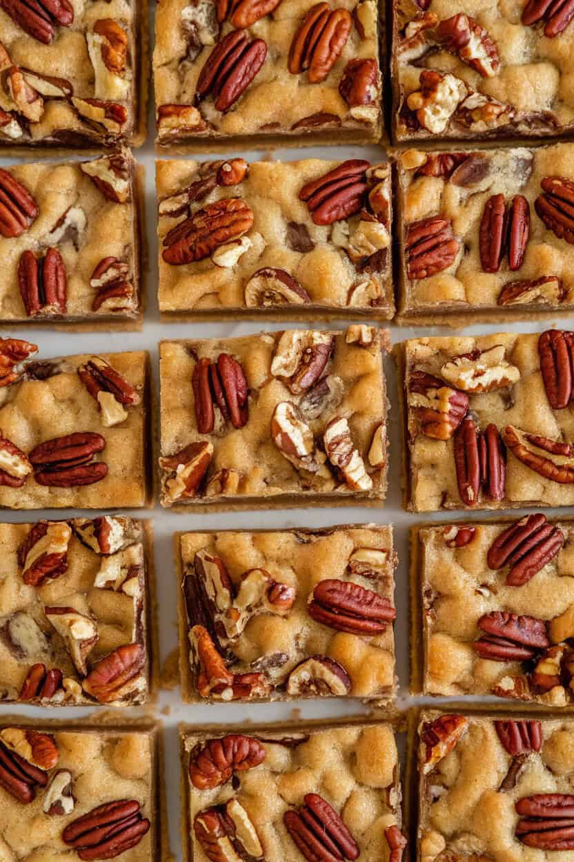 Indoor overhead photo of pecan pie bar cookies with gooey centers and buttery shortbread crust, cut into neat rectangles. No text or logos.