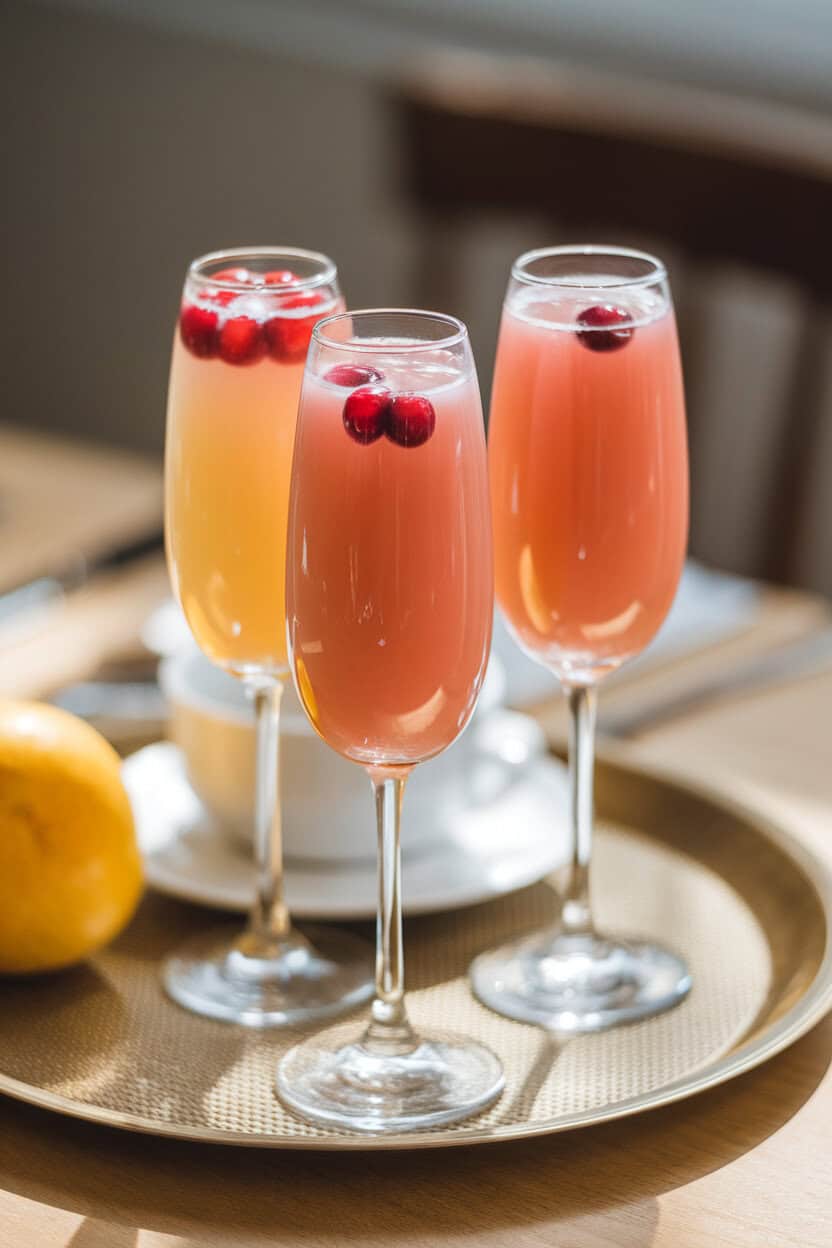 An indoor breakfast tray with flutes of rosy Cran-Apple Mimosas, floating cranberry garnish, sparkling surface catching morning light; no text or logos; photo