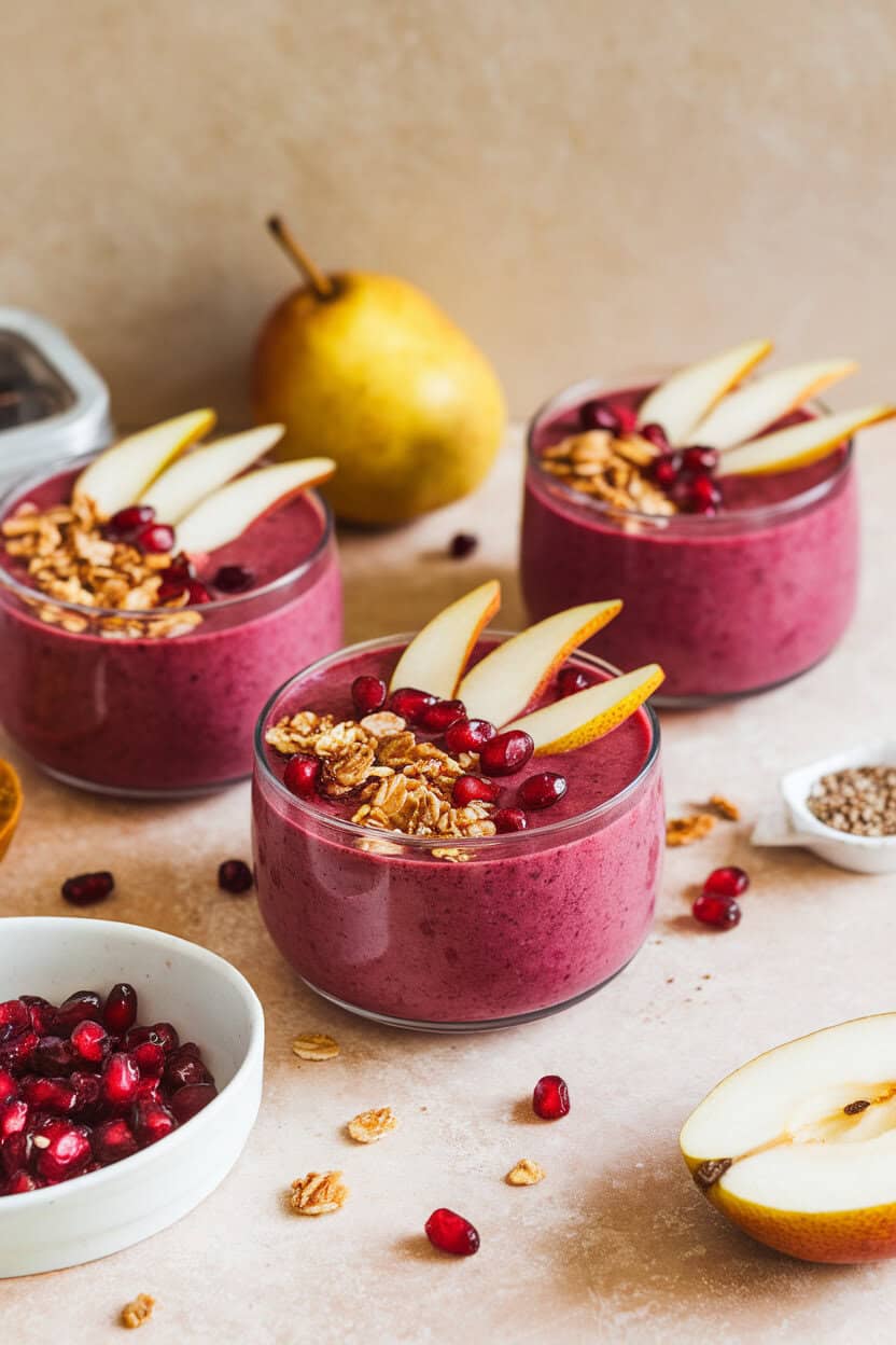 Indoor countertop with shallow bowls of magenta cranberry-pear smoothie topped with granola, sliced pears, and pomegranate arils. No text or logos. Photo, not illustration.
