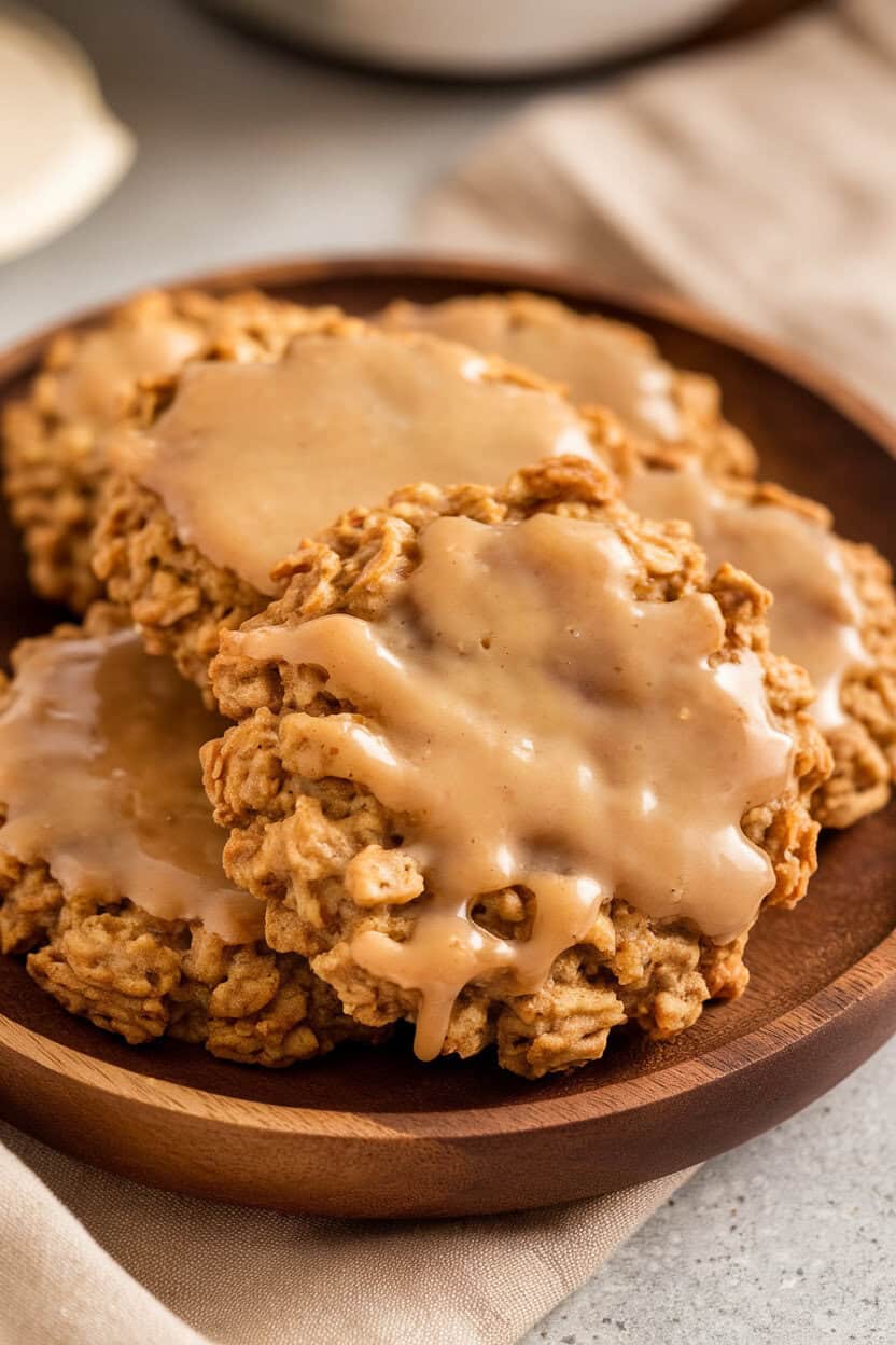 Indoor plate with rustic oatmeal cookies topped by thin maple glaze that catches light, no text or logos.