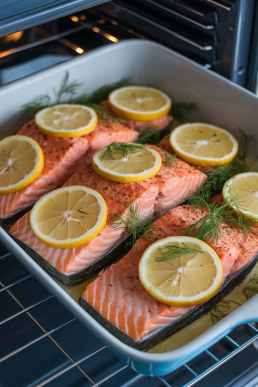 An indoor oven dish of cooked salmon fillets topped with lemon slices and fresh dill sprigs, skin lightly crisp. No text or logos. Photo, not illustration.