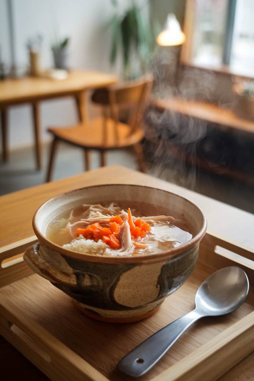 A comforting indoor scene with a ceramic soup bowl showing clear chicken broth, shredded chicken, carrots, and rice; steam rising; no text or logos; photo