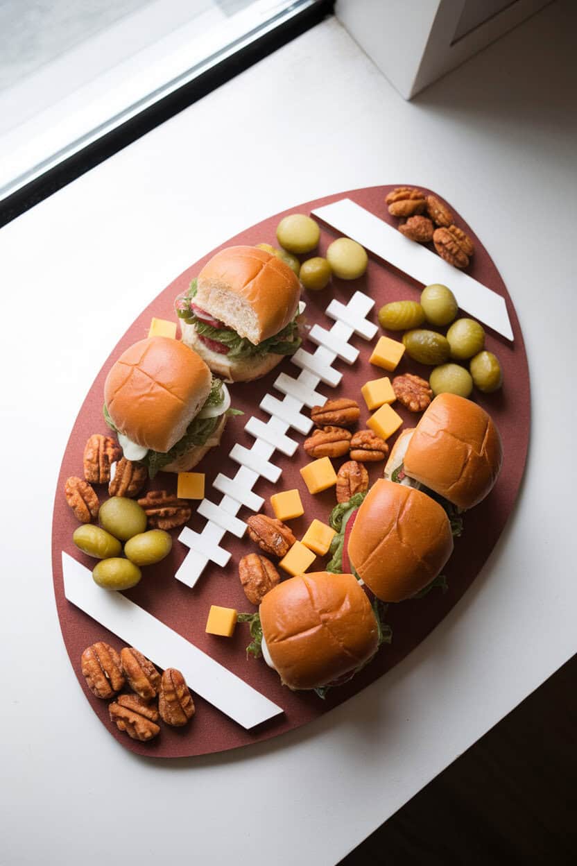 Indoor photo of a football-shaped board filled with mini sliders, pepper jack cubes, pickles, and spicy nuts, bright overhead light, no logos.