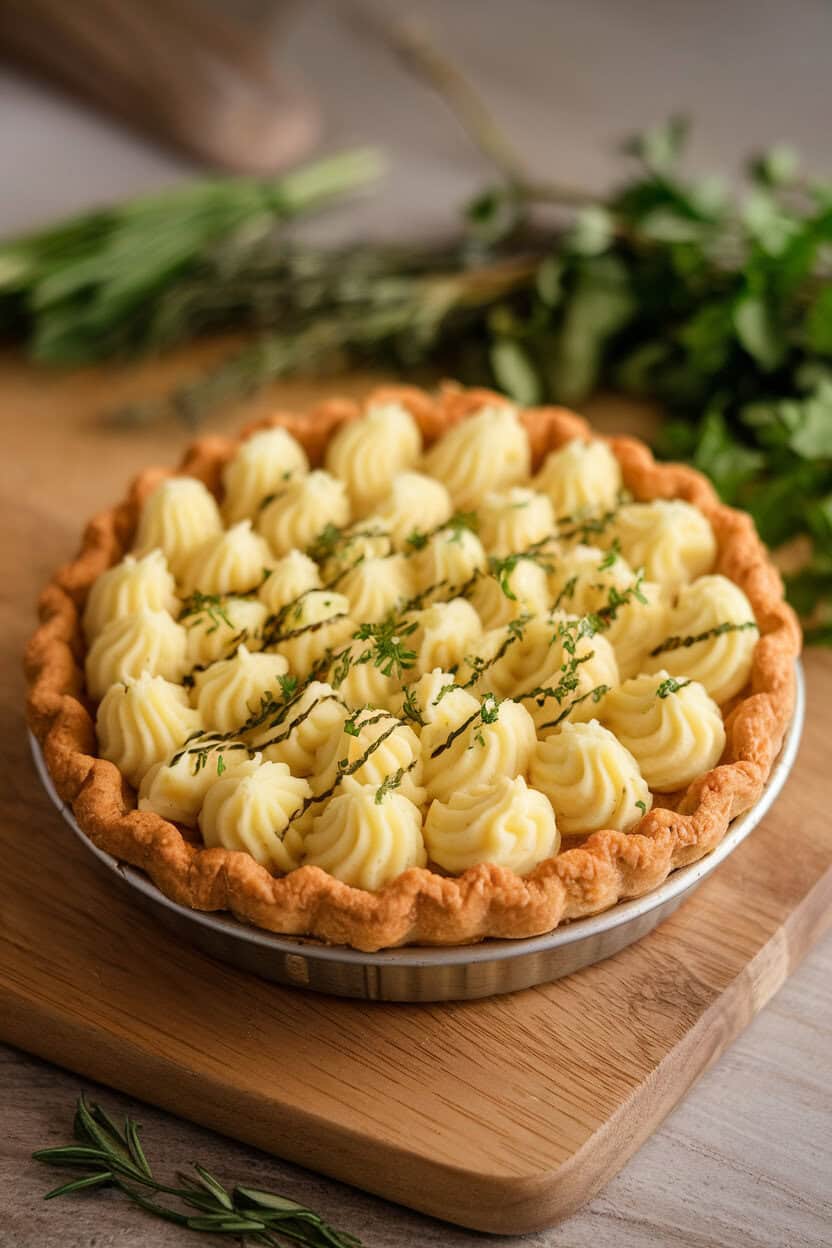An indoor casserole dish of shepherd’s pie topped with piped mashed potato “graves” and herb-sprinkled crosshatching, steam gently rising. No text or logos; photo.