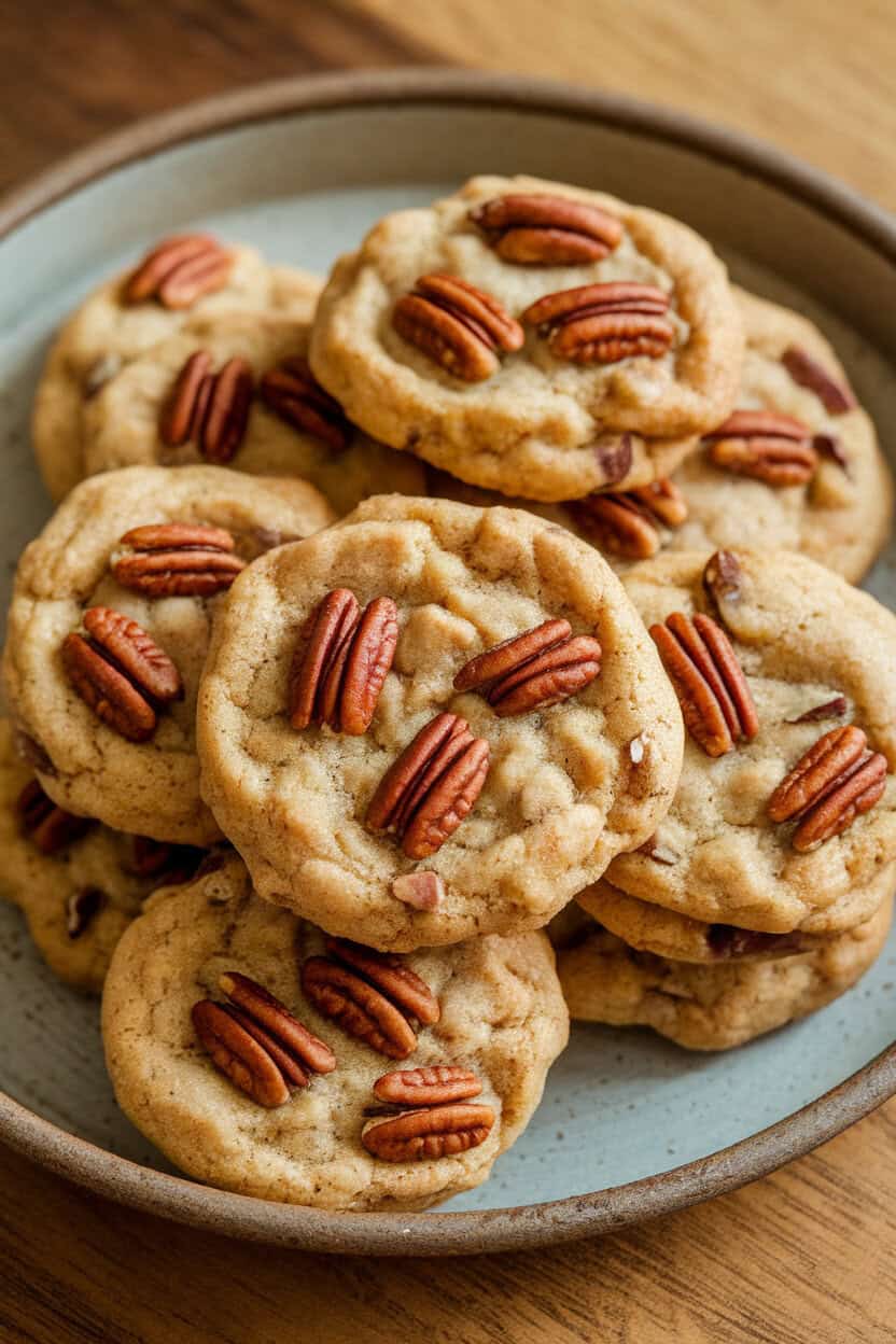 Indoor photo of chewy cookies dotted with toasted pecans, a slight sheen from browned butter, staged on a ceramic tray; no branding visible.