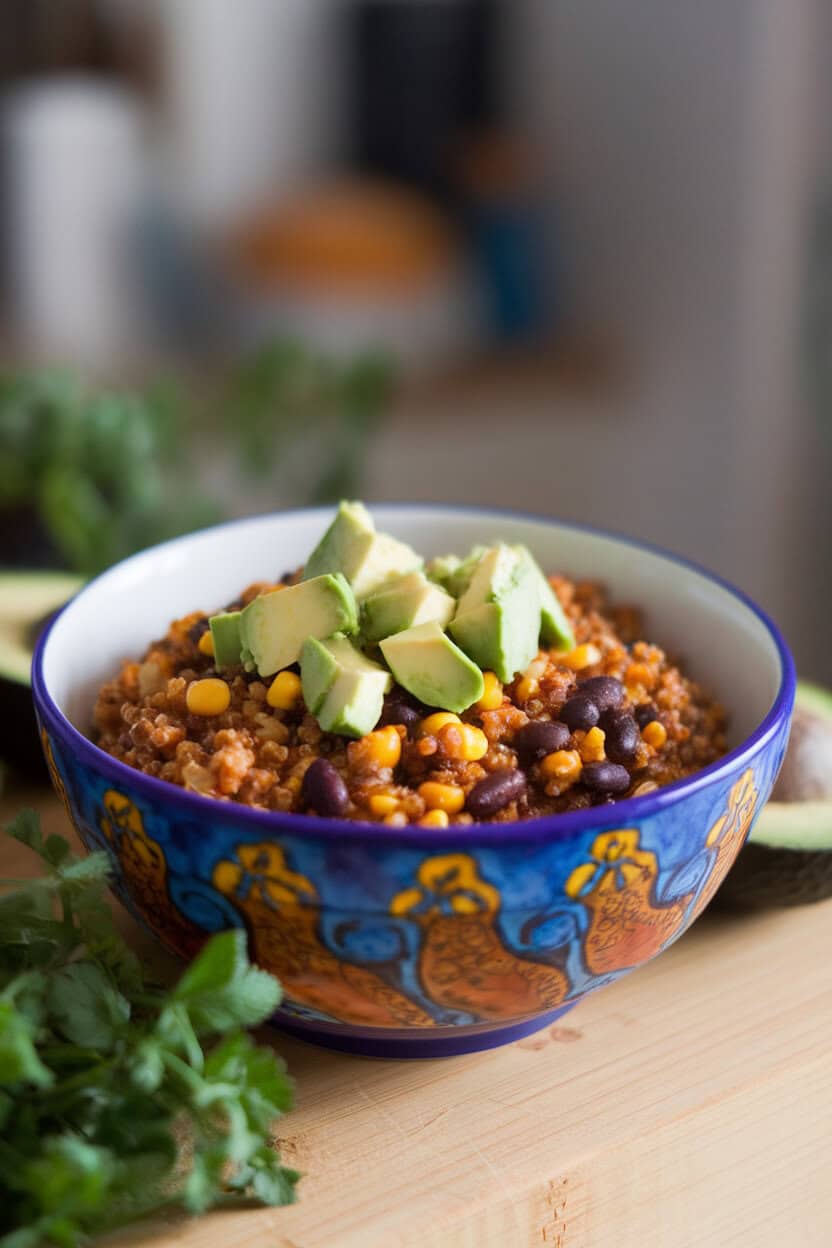 Indoor photo of a vibrant bowl containing quinoa-based chili with black beans and corn, topped with diced avocado; no text or logos