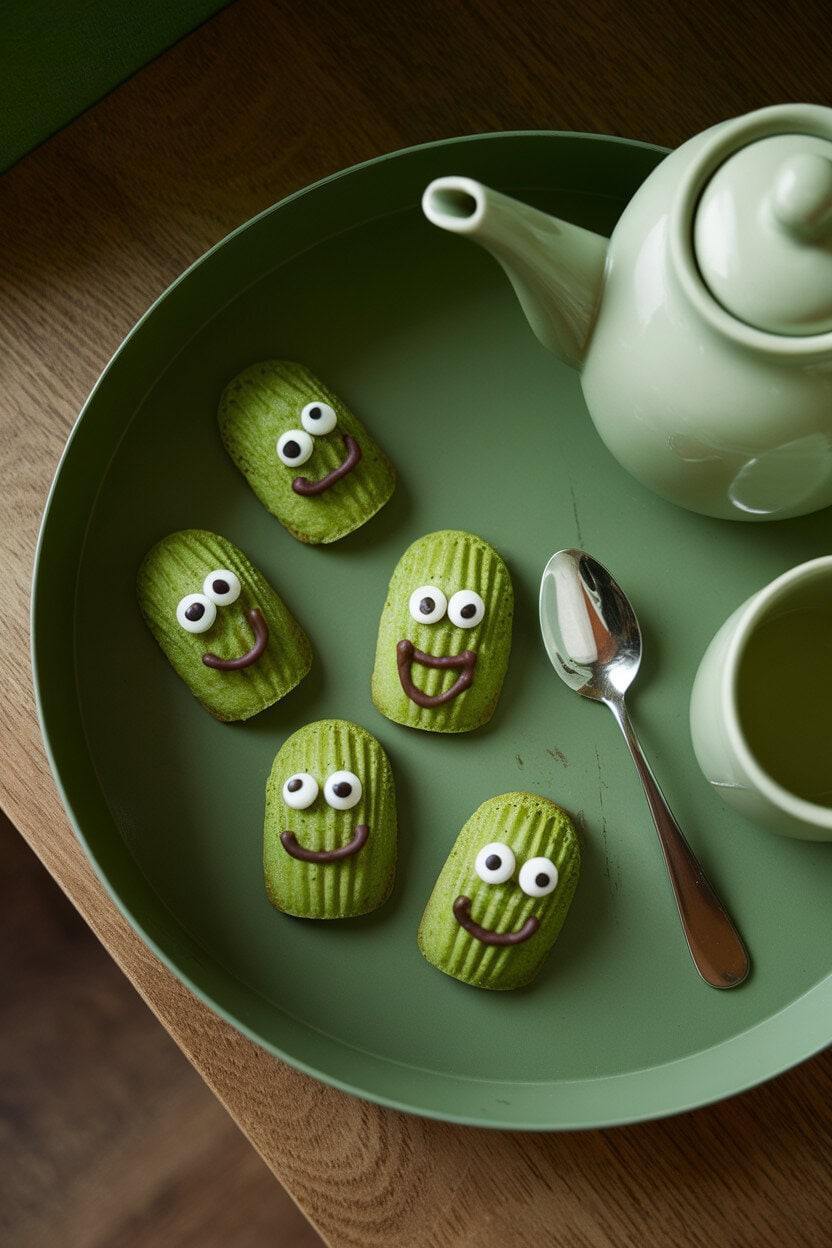 Indoor tea tray with green madeleines featuring candy eyes and chocolate smile lines, gentle overhead light. No logos. Photo only.
