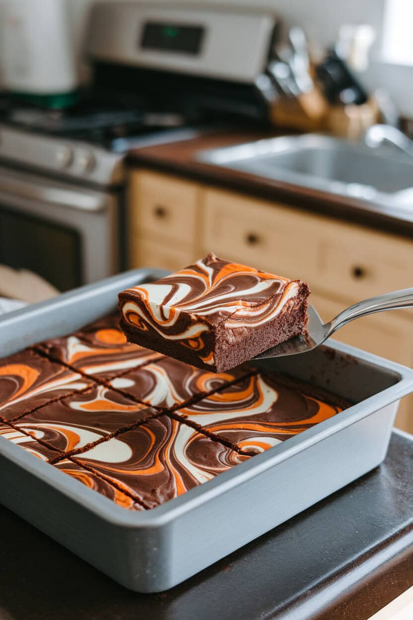 An indoor kitchen island holding a brownie pan with orange-white swirl patterns on rich chocolate, one square lifted out on a spatula. No text or logos anywhere. Photo only.