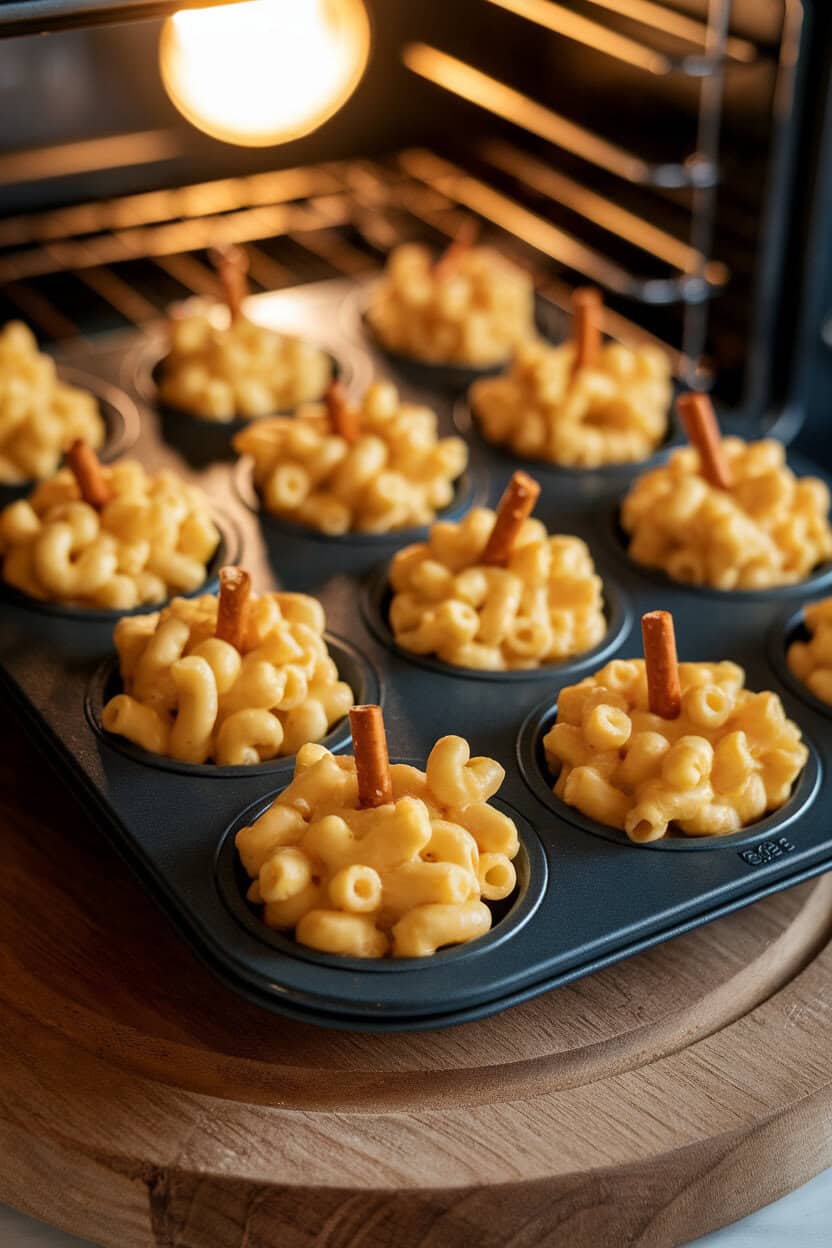 Photo, not illustration — indoor muffin tin with golden mac and cheese bites shaped like tiny pumpkins, pretzel stick stems; warm oven-side light, no text or logos