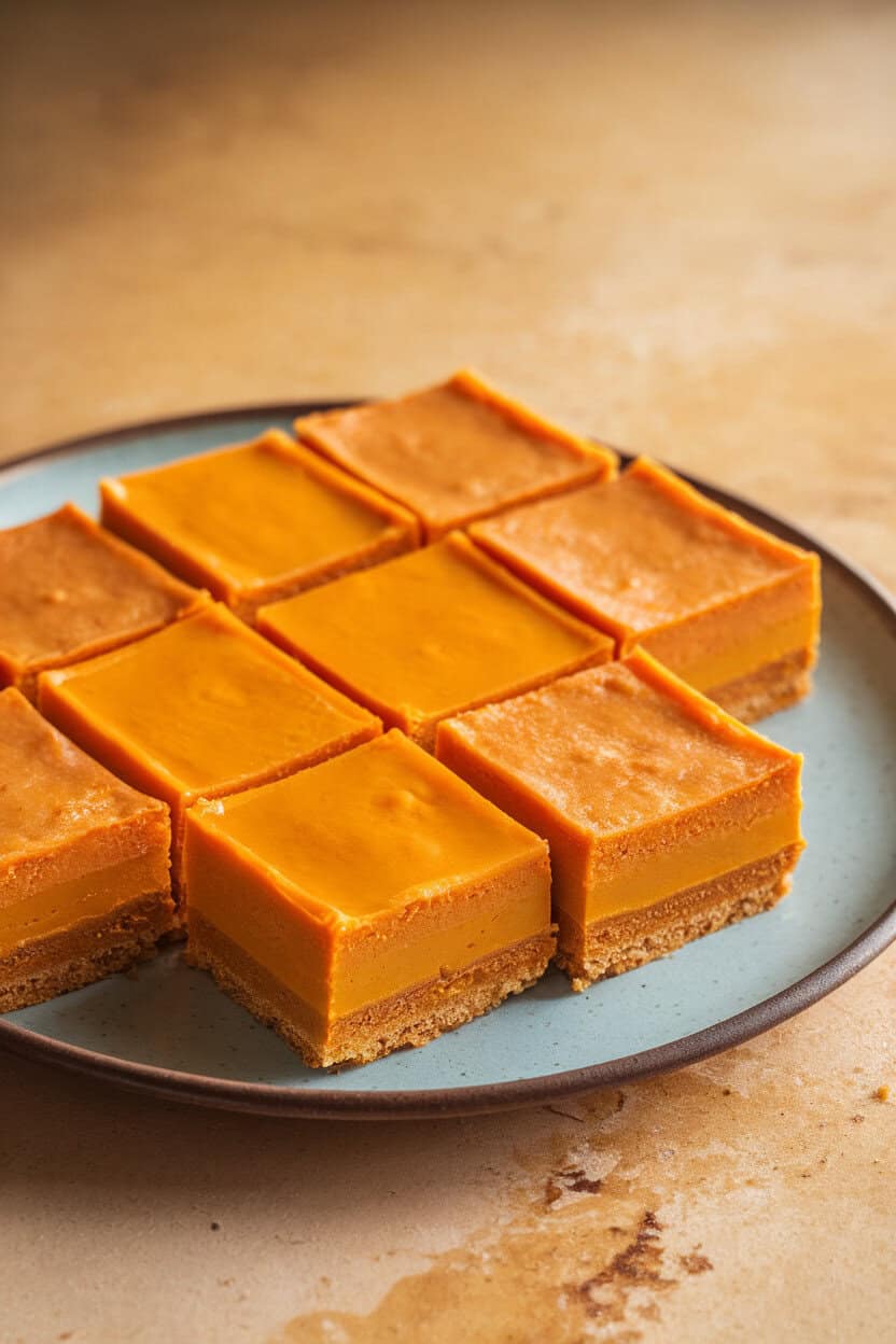 Photo of square dessert bars with a sweet potato custard layer and buttery crust, arranged on a plate indoors. No text or logos.