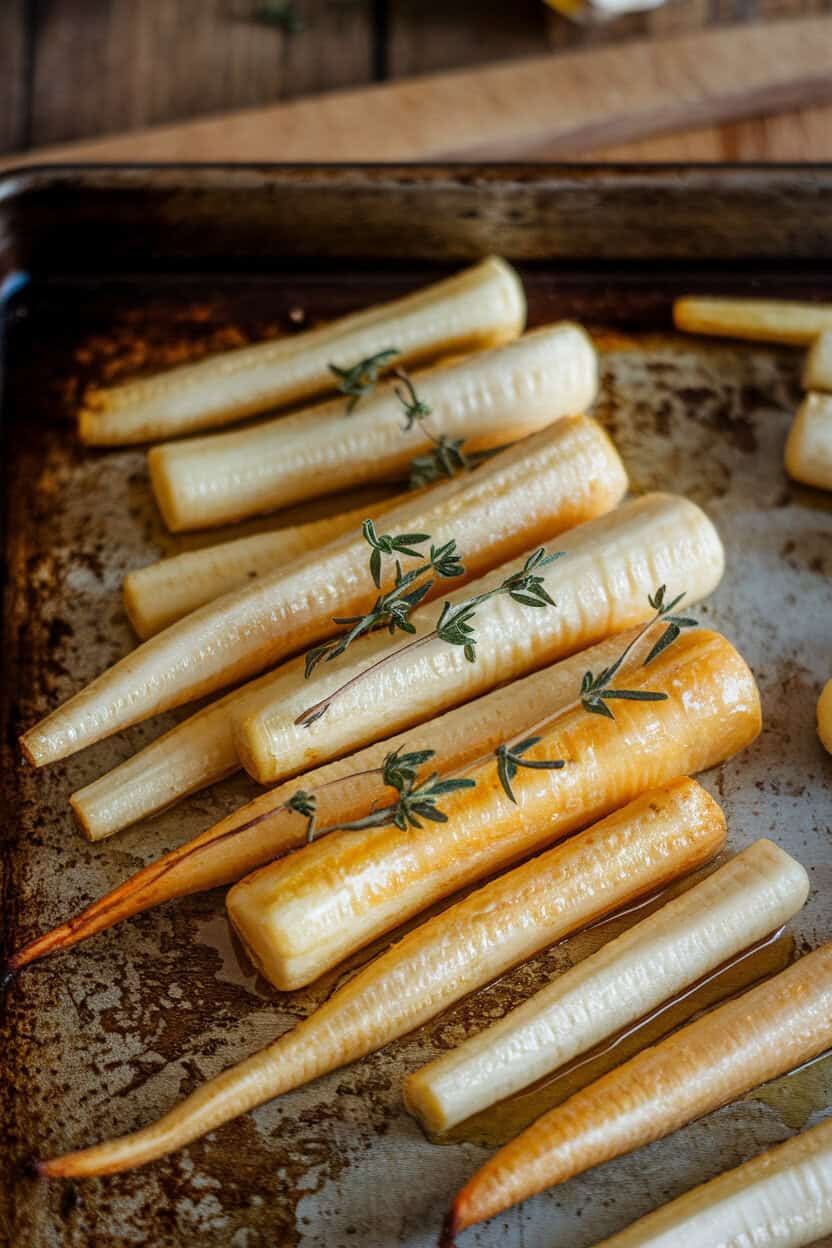 Photo of a rustic baking sheet indoors featuring golden roasted parsnip batons coated in honey, thyme leaves visible, no text or logos.