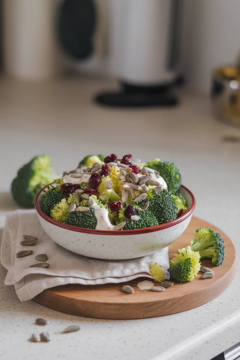 Indoor countertop featuring a bowl of raw broccoli florets mixed with dried cranberries, sunflower seeds, and a light yogurt dressing. No text or logos. Photo.