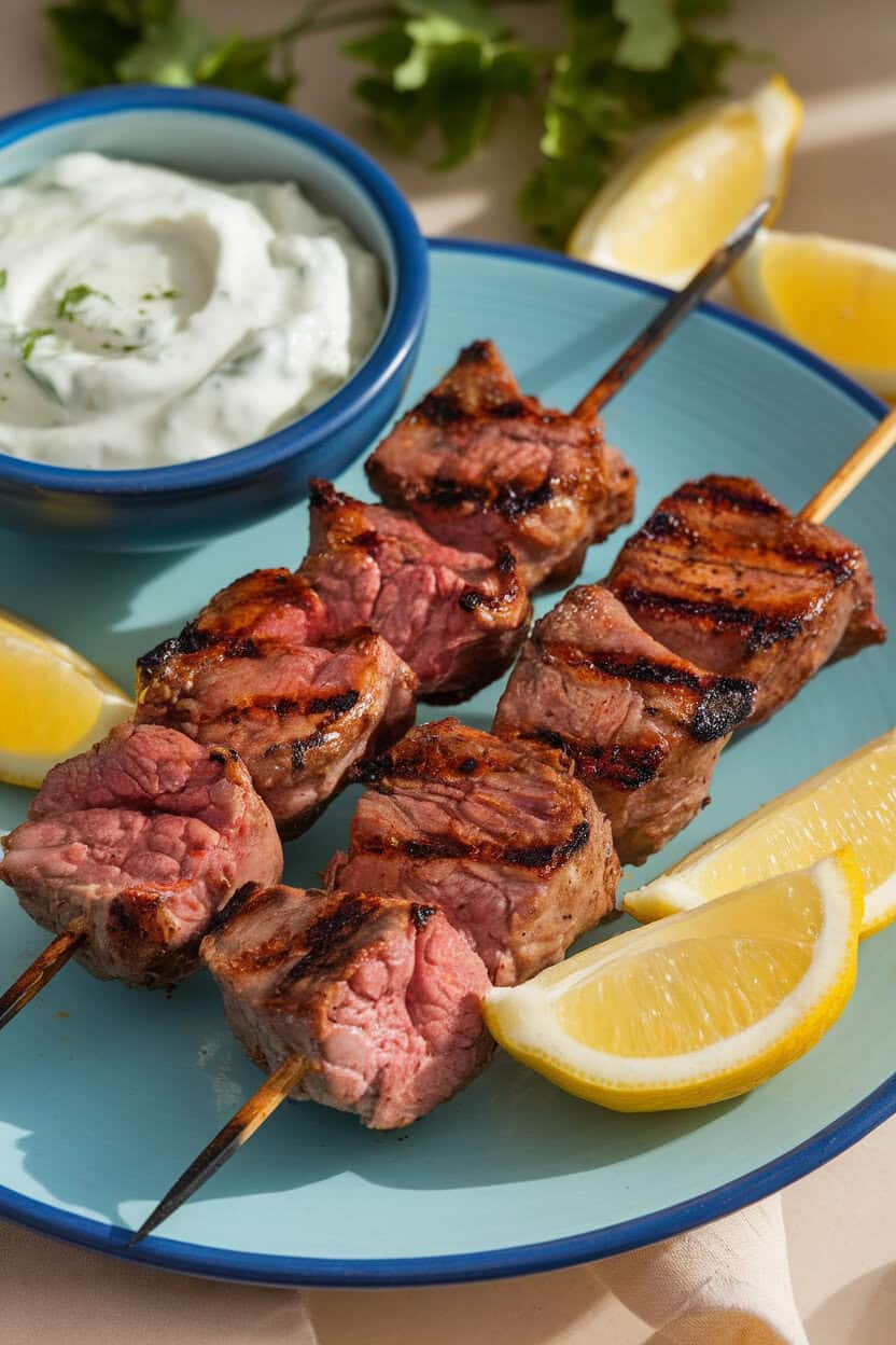 Photo of skewered grilled lamb cubes on a plate with lemon wedges and a bowl of tzatziki, shot indoors under soft lighting, no text or logos.