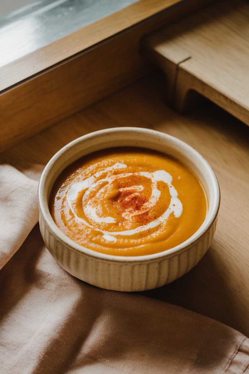 Indoor photo of a cream-colored bowl filled with silky roasted butternut squash soup, topped with a drizzle of coconut milk and a sprinkle of paprika; soft overhead lighting on a wooden table, no text or logos.