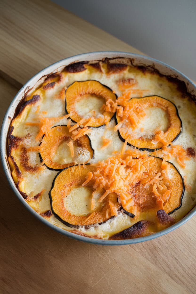 Indoor photo of a shallow gratin dish with thin squash slices baked under bubbly cream and gruyère, browned edges, no text or logos.
