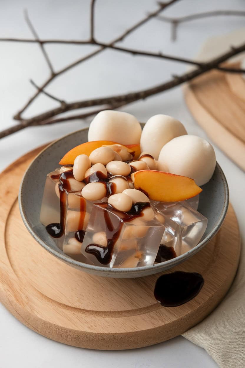 An indoor dessert bowl of clear agar jelly cubes topped with sweet azuki beans, canned peach slices, mochi bites, and a drizzle of dark syrup on the side. No text or logos anywhere. Photo, not illustration.