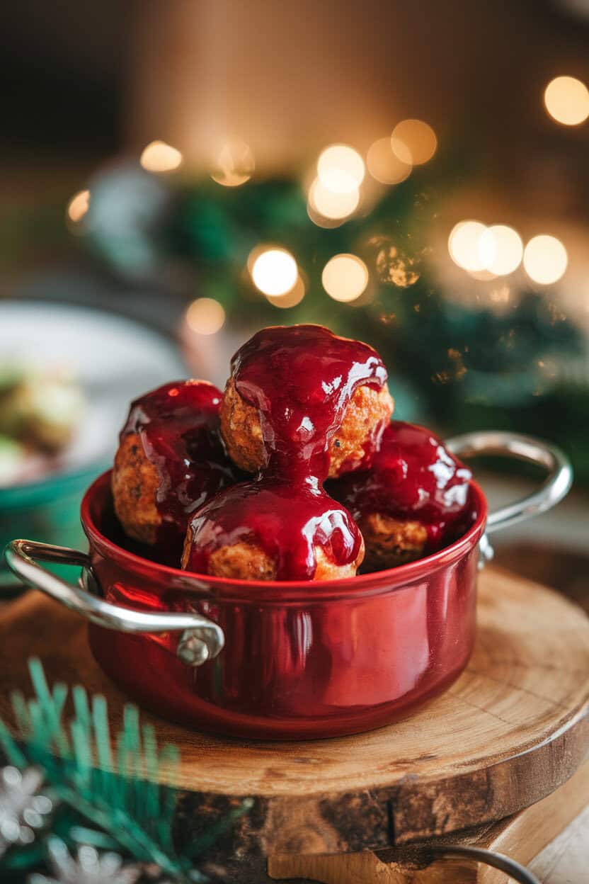 Cocktail meatballs coated in glossy cranberry sauce served in a small indoor saucepan with festive warm light. No logos; photo, not illustration.