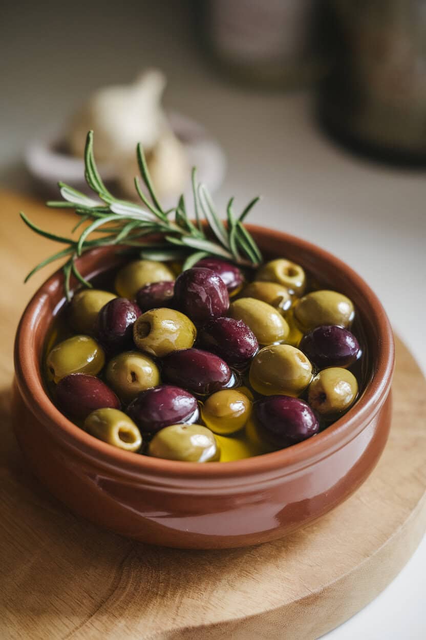 Indoor ceramic bowl brimming with mixed olives glistening in olive oil with visible garlic cloves and rosemary sprigs—soft lighting, no text or logos.
