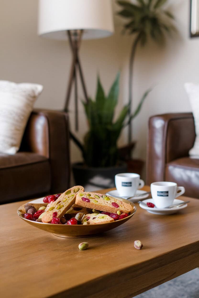 Indoor coffee table with a shallow bowl of jewel-toned biscotti, cranberries and green pistachios clearly visible, espresso cups nearby. No logos.