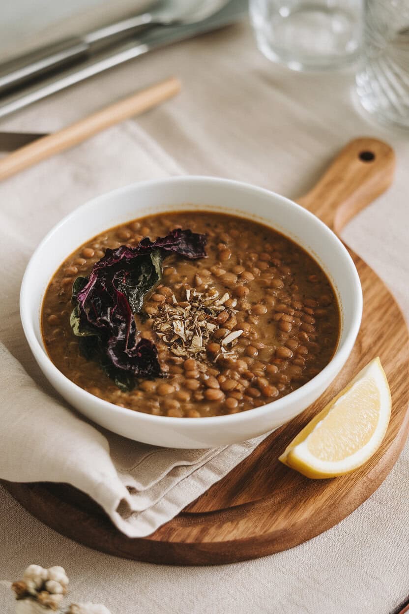 Indoor photo of brown lentil soup with dark green chard ribbons and lemon wedge on the side. No text or logos