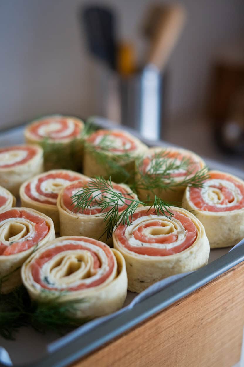 Indoor photo of tortilla pinwheels showing layers of smoked salmon, cream cheese, and dill on a tray. No text or logos.