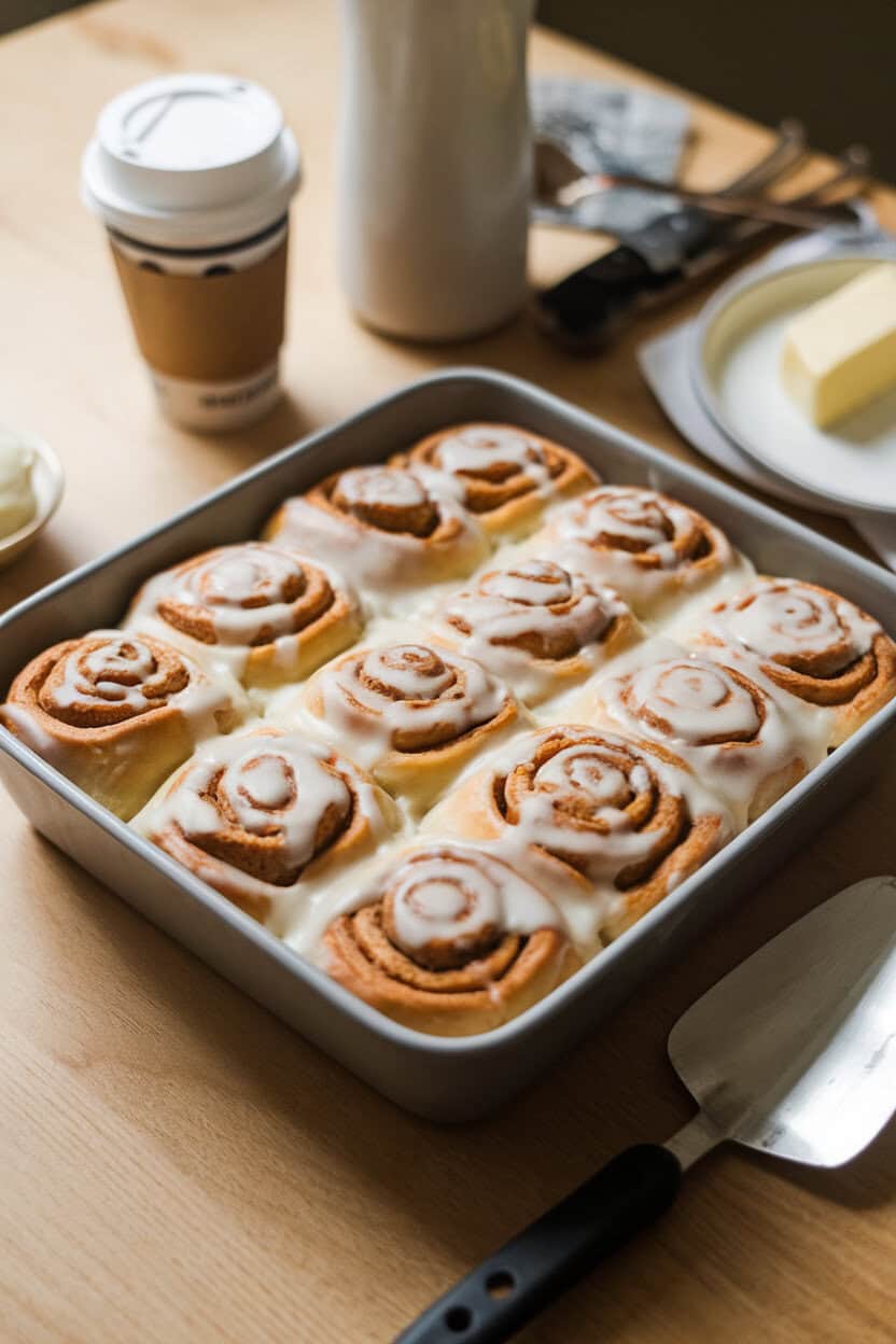An indoor dining table featuring a square baking dish of pull-apart cinnamon roll casserole drizzled liberally with vanilla icing, a serving spatula on the side. No text or logos. Photo, not illustration.