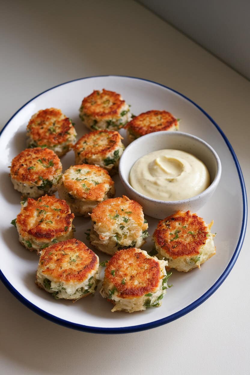 Photo of a white oval plate indoors holding bite-size crab cakes, golden and crispy, with a small bowl of lemon aioli for dipping; no logos