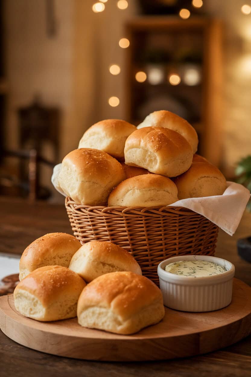 Photo of a basket overflowing with golden dinner rolls, ramekin of herb butter nearby, warm indoor dining room light. No text or logos present.