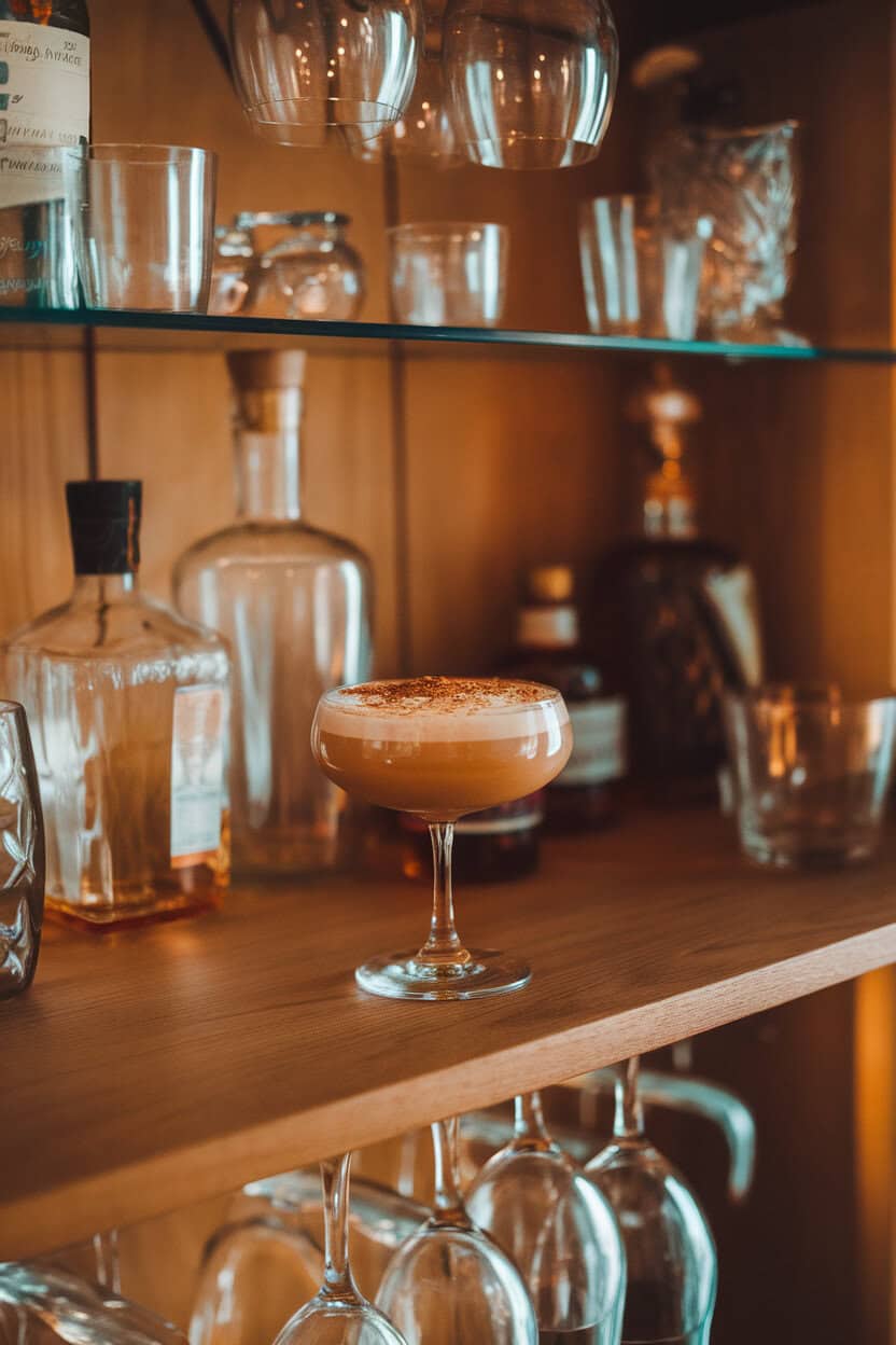 A cozy indoor bar shelf showing a stemmed flip glass of Gingerbread Bourbon Flip, creamy top sprinkled with gingerbread crumbs, warm lighting; no text or logos; photo