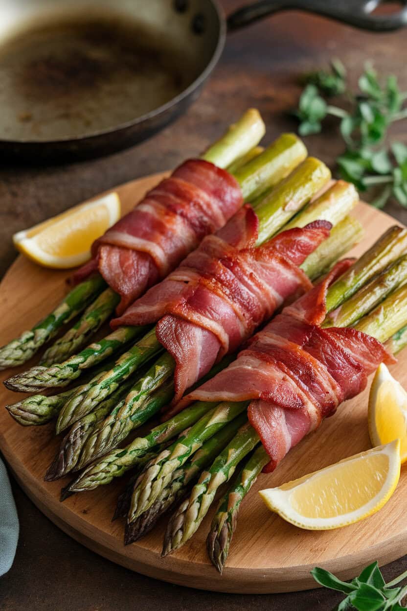 Photo of an indoor platter featuring small bundles of roasted asparagus spears wrapped in crispy bacon, no text or logos visible.