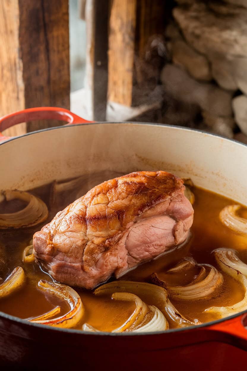 Indoor Dutch oven filled with pork loin resting in amber beer broth and caramelized onions; steam visible, no text or logos.
