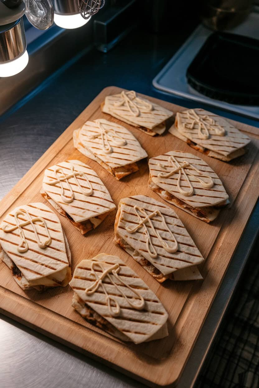 A cutting board under kitchen lights displaying quesadillas cut into coffin shapes, grill marks visible, with sour-cream crosses piped on top. No text or logos. Photo only.