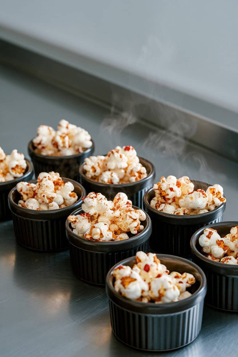 Mini black ramekins filled with cocoa-dusted popcorn, flecked with red chili flakes, steam visible on an indoor countertop. No text or logos. Photo only.