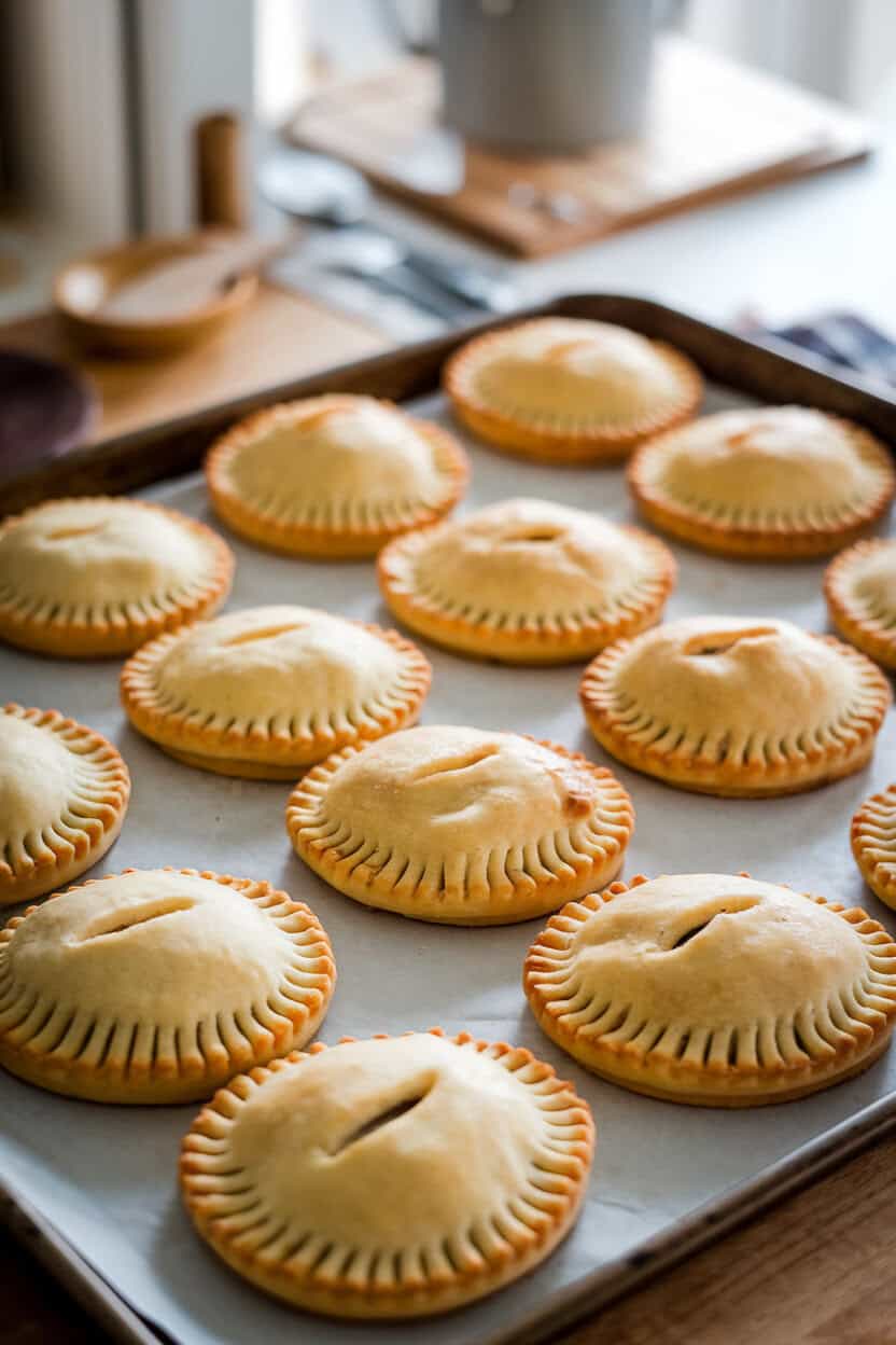 An indoor baking sheet lined with golden apple butter hand pies, crimped edges and vent slits visible. No text or logos.