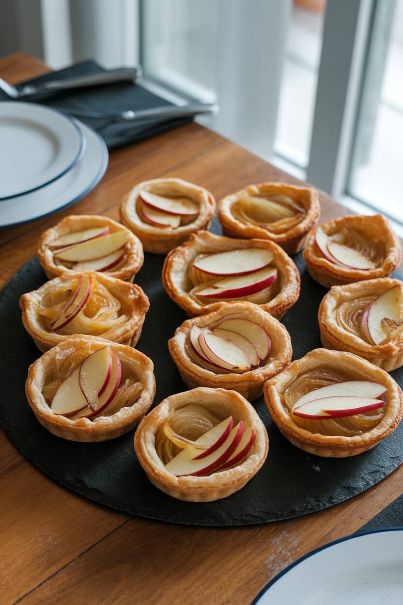 An indoor dining table with a slate platter of mini puff pastry tartlets filled with golden caramelized onions and thin apple slices, edges puffed and flaky. No text or logos anywhere. Photo only.